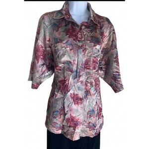 Women's Plus Size 2X Satin Look Red Floral Boho Button Up Blouse Summer Tropical